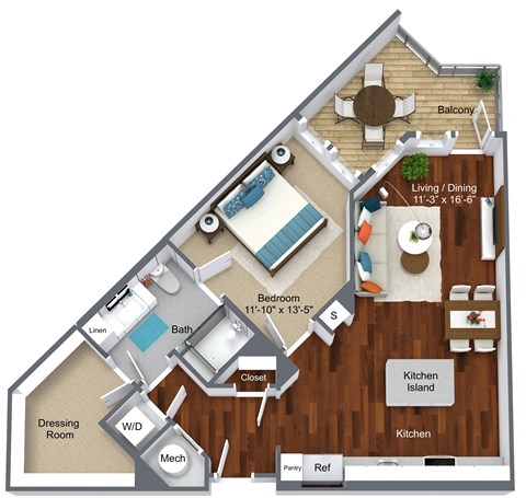 Floor plan for 1 bed, 1 bath, 812 sqft